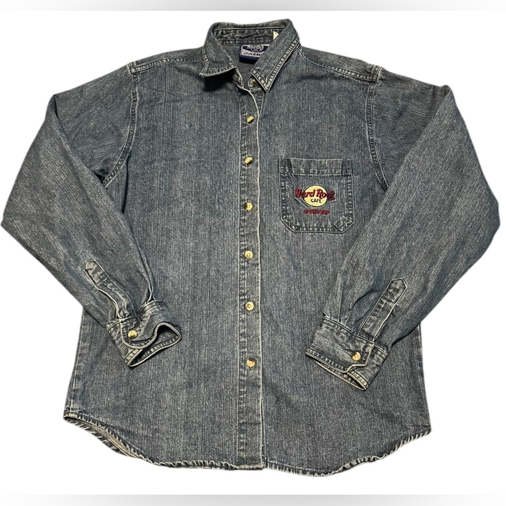 Hard Rock Cafe Denim Button Up Shirt Men’s Large Denver Colorado Embroidered